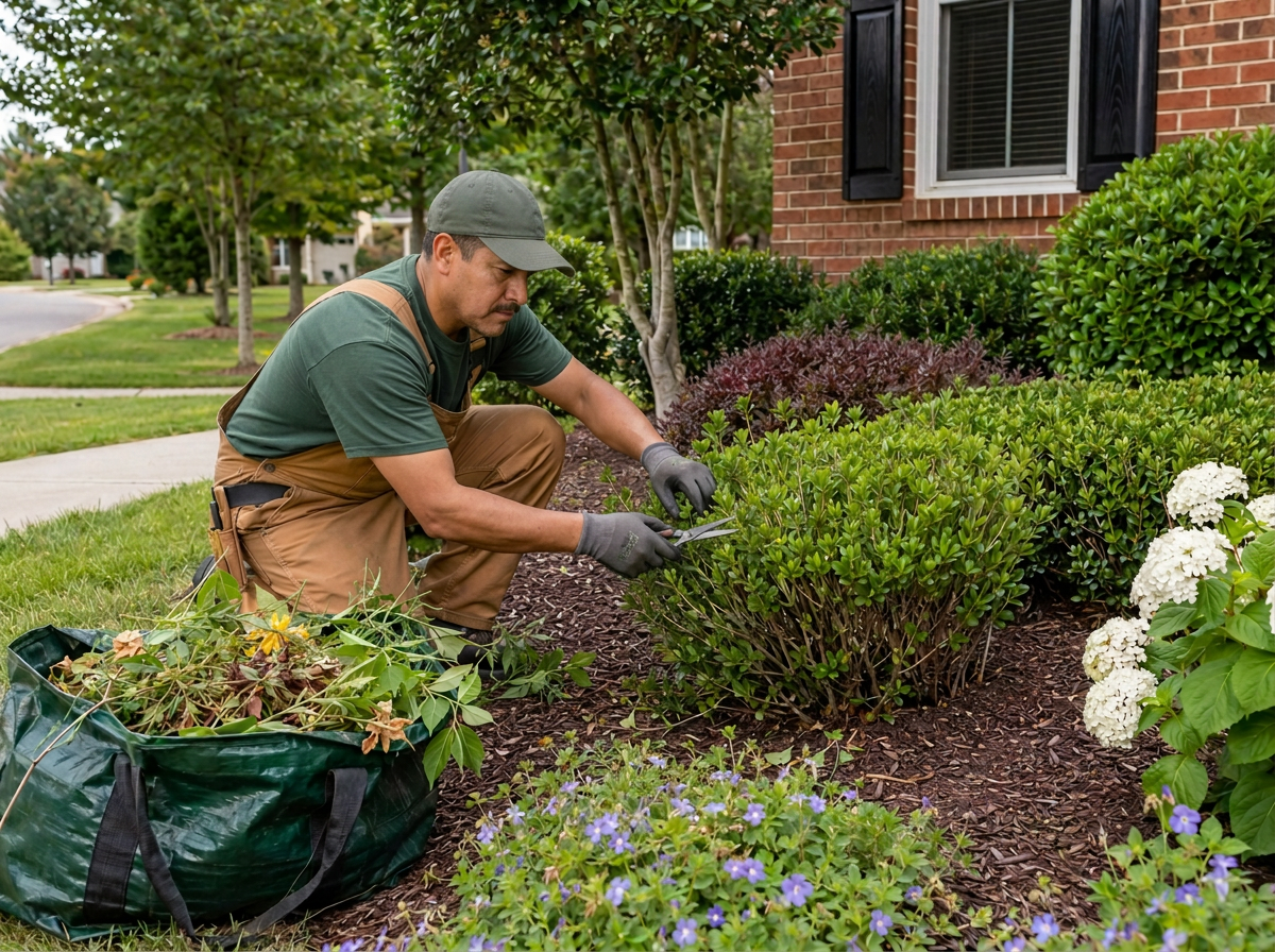 Gardening professional trimming shrubs in a mulched planting bed beside a brick home.