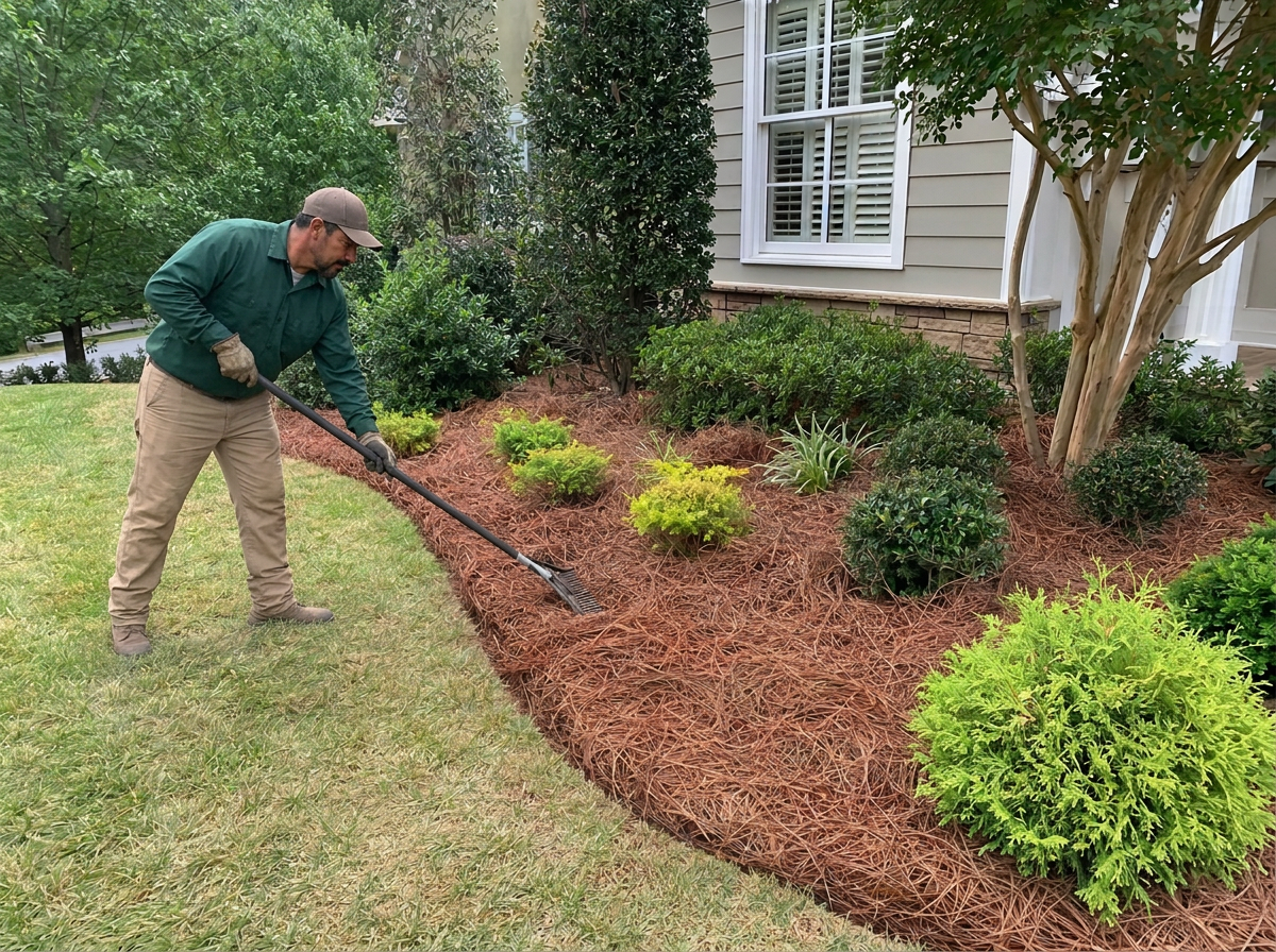 Worker spreading fresh pine needles in a landscaped bed around shrubs and trees.