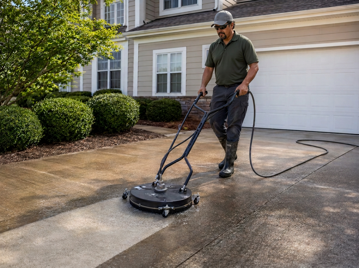 Pressure washing a residential driveway with a surface cleaner attachment.
